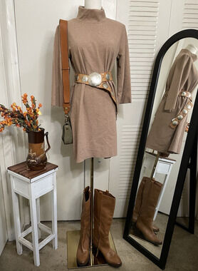 Zara Mock Turtleneck Shift Dress Tan 3/4 sleeves Size S
